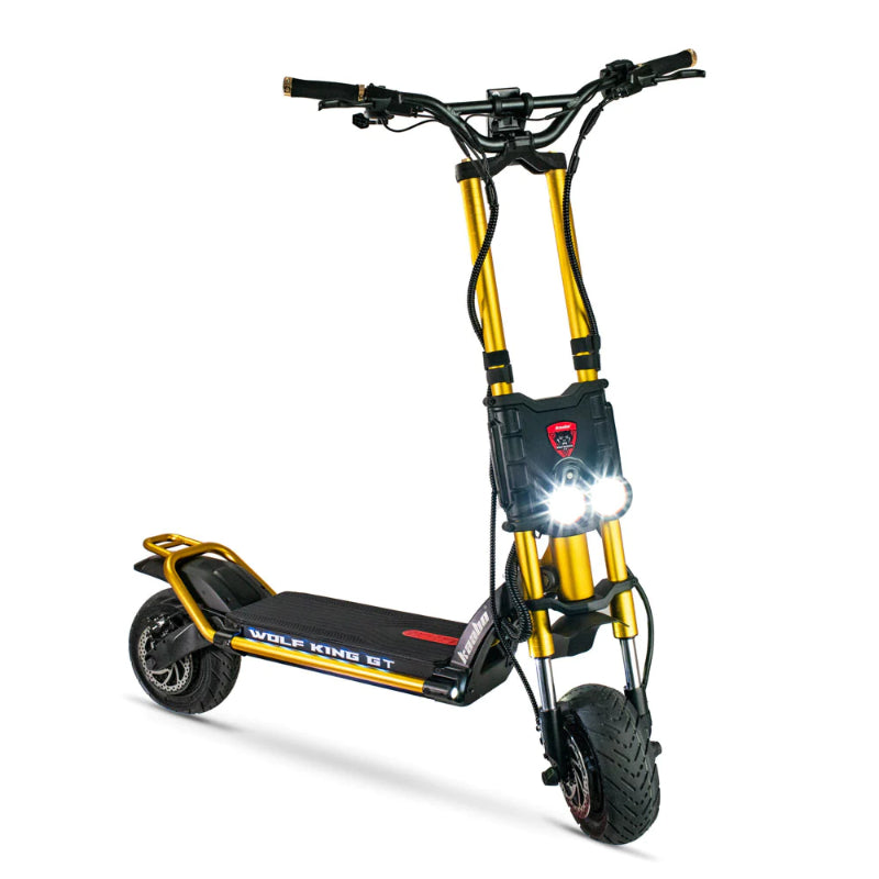 The Kaabo Wolf King GT Pro electric scooter, showcasing its robust build with dual headlights and a gold frame, perfect for off-road adventures