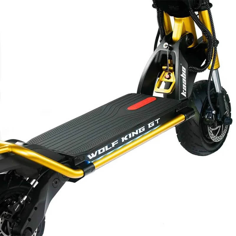 Detailed shot of the Kaabo Wolf King GT Pro's frame and suspension, designed for durability and performance