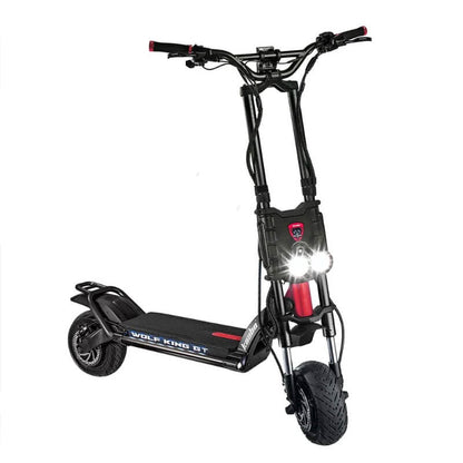 The Kaabo Wolf King GT Pro electric scooter in black, with dual headlights and a sturdy frame, ideal for all-terrain use.