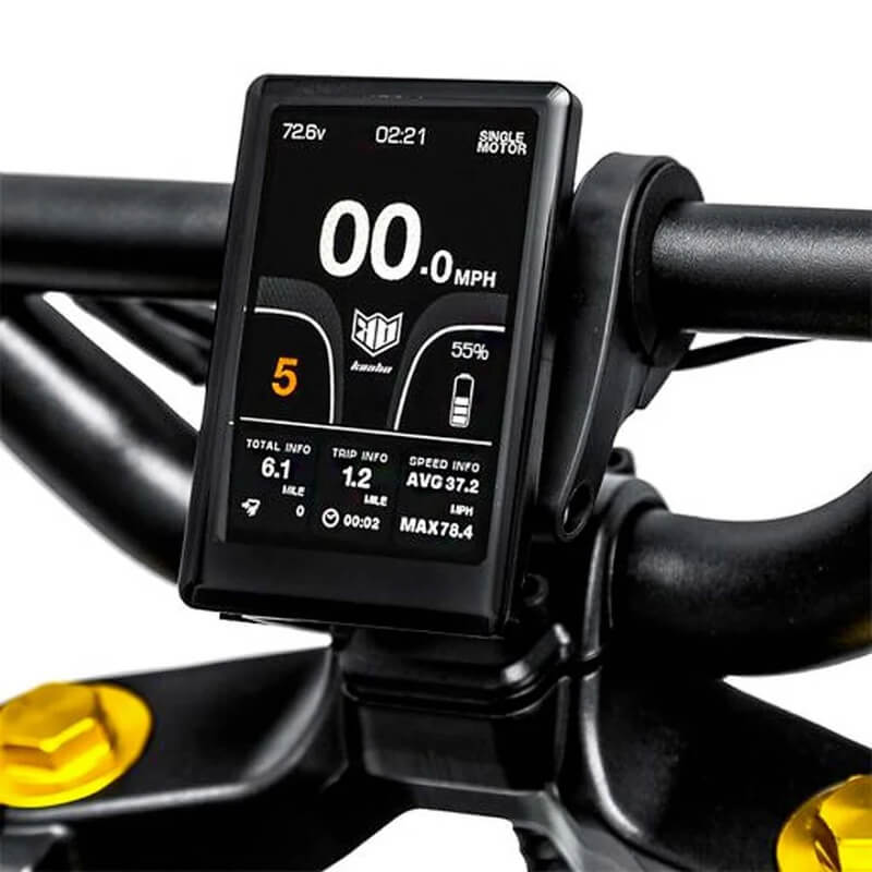 Close-up of Kaabo Wolf King GT Pro's digital display showing speed, battery level, and other stats, emphasizing its advanced features.
