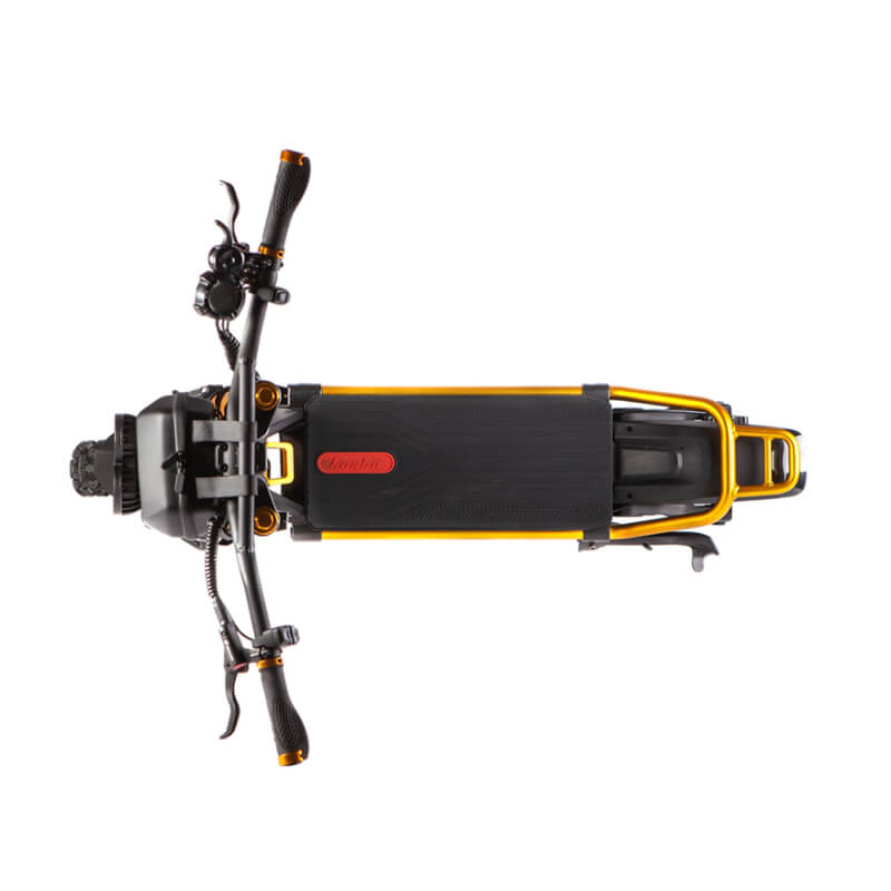 Top view of the Kaabo Wolf King GT Pro electric scooter, highlighting its sturdy construction and wide deck for a comfortable ride.