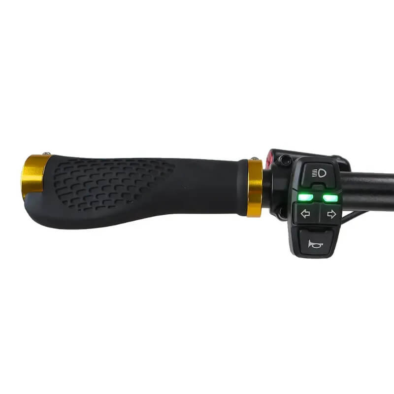 Close-up of the Kaabo Wolf King GTR scooter handlebar grip and control switches, highlighting ergonomic design and advanced controls for off-road use.
