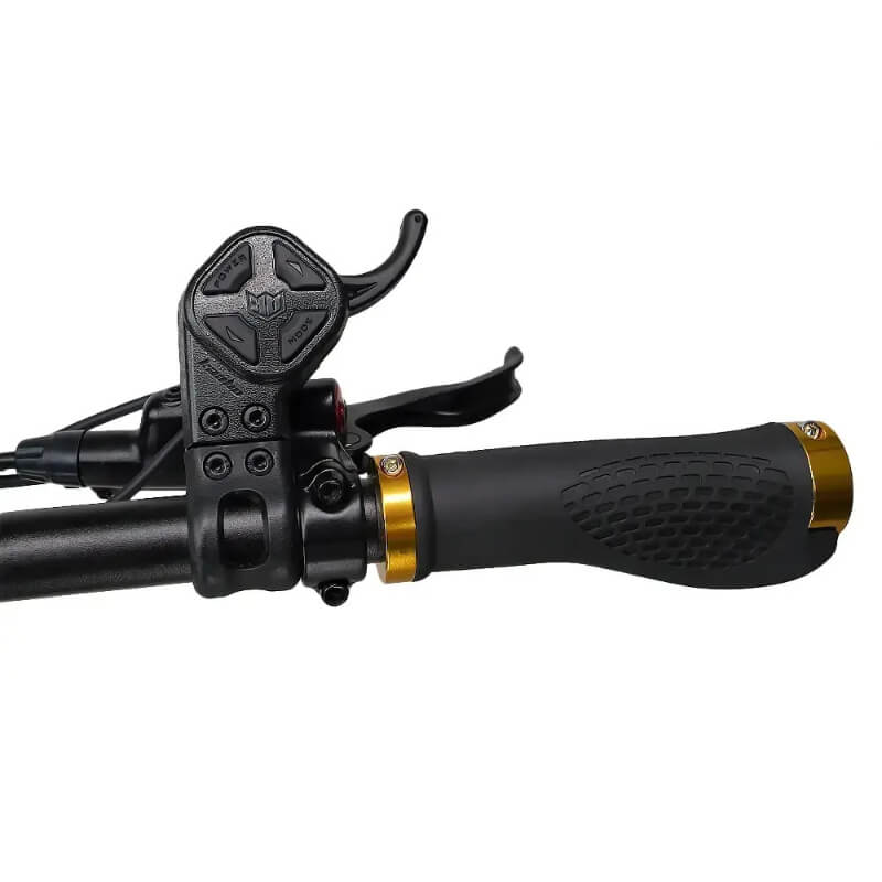 Side view of the Kaabo Wolf King GTR scooter handlebar with power and mode buttons, essential for navigating various terrains with this powerful escooter