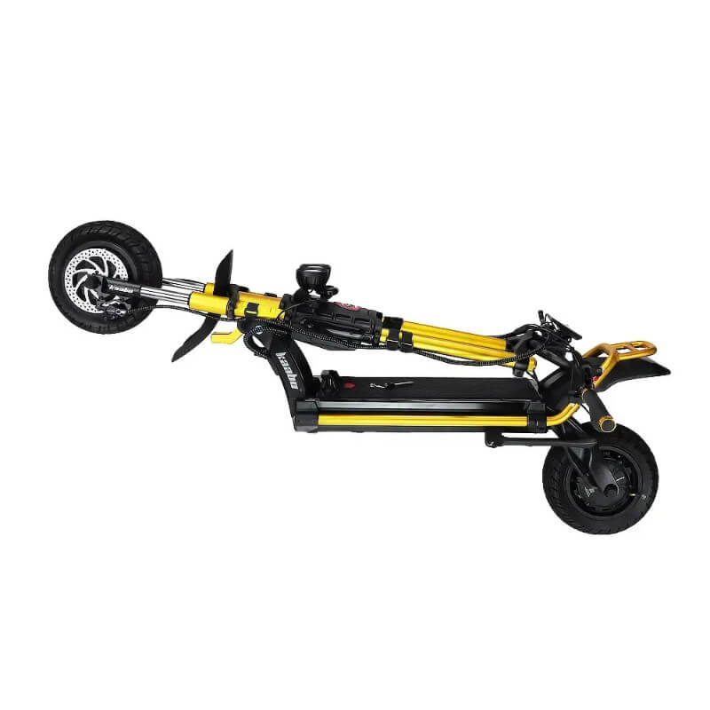 Folded Kaabo Wolf King GTR scooter, illustrating its compact design for easy transport and storage, ideal for urban commuters