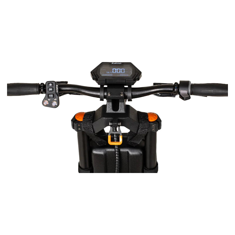 Close-up of Kukirin G4 Max handlebars with digital display, throttle, and control buttons – designed for OFF ROAD POWER AND COMFORT, ProMechBC Vancouver scooter service center.