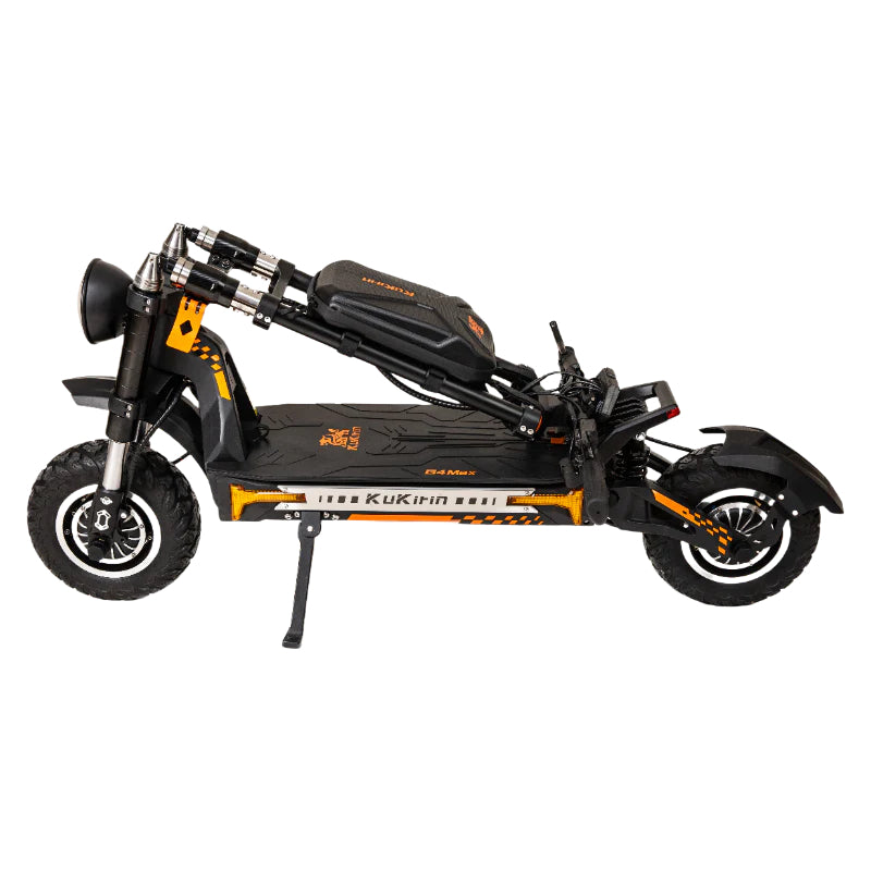 Kukirin G4 Max electric scooter folded for compact storage, showing rugged design and wide off-road tires – available at ProMechBC Vancouver escooter shop and service center.
