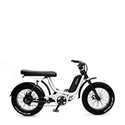 White electric bike with black seat on a white background