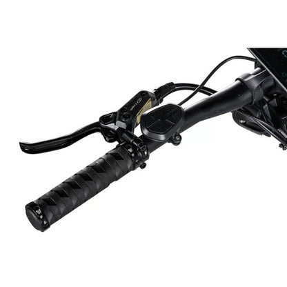 Close-up of a motorcycle handlebar with controls on a white background