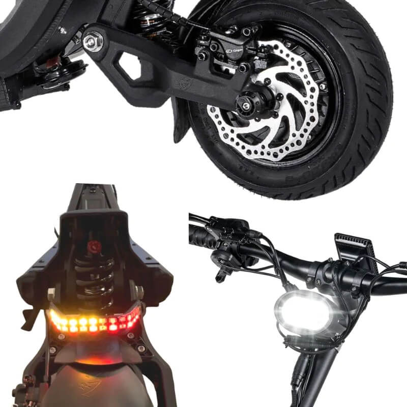 Close-up of a motorcycle's front wheel, headlight, and brake light on a white background.