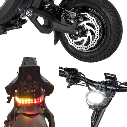 Close-up of a motorcycle's front wheel, headlight, and brake light on a white background.