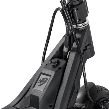 Close-up of a black scooter frame with visible branding on a white background