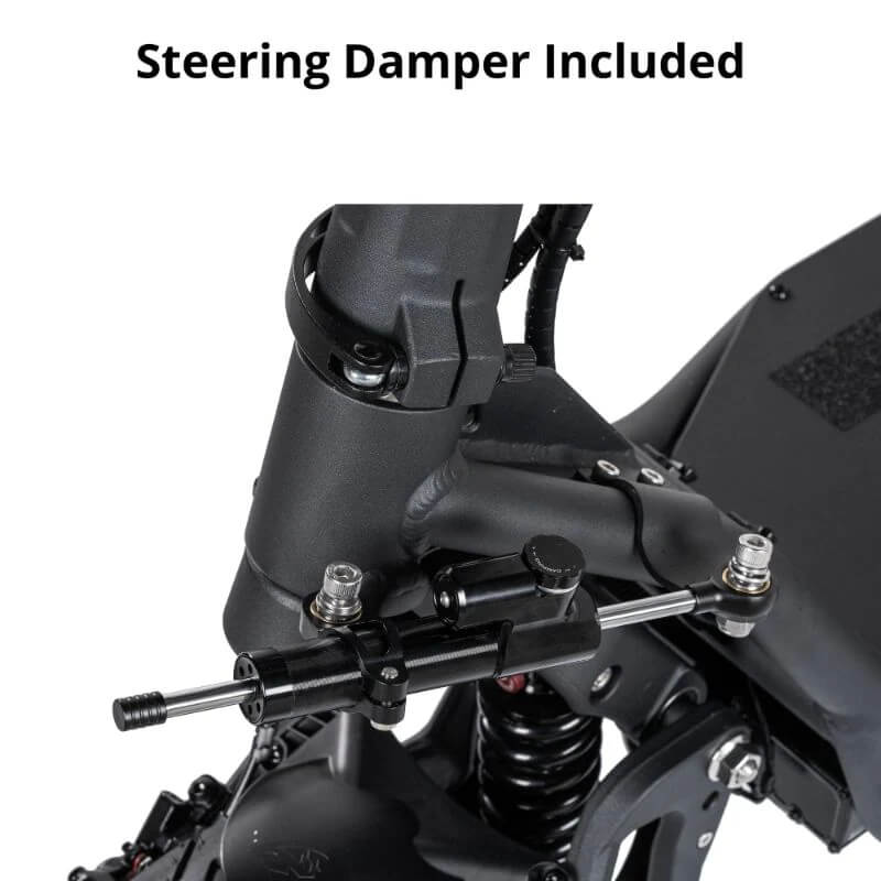 Motorcycle steering damper with text 'Steering Damper Included' on a white background