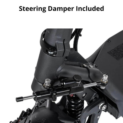 Motorcycle steering damper with text 'Steering Damper Included' on a white background