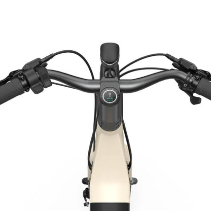 Close-up of a bicycle handlebar with control panel on a white background