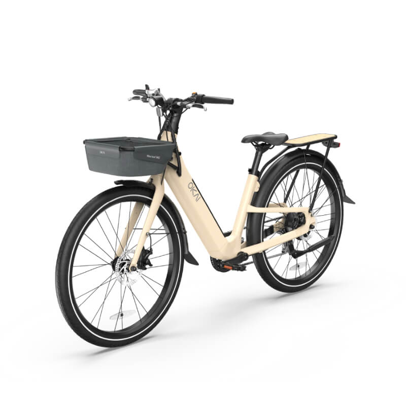 Beige electric bicycle with a black basket on a white background