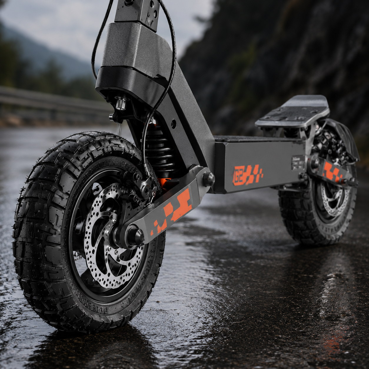 Dual disc brakes, suspension and 10-inch tubeless tires
