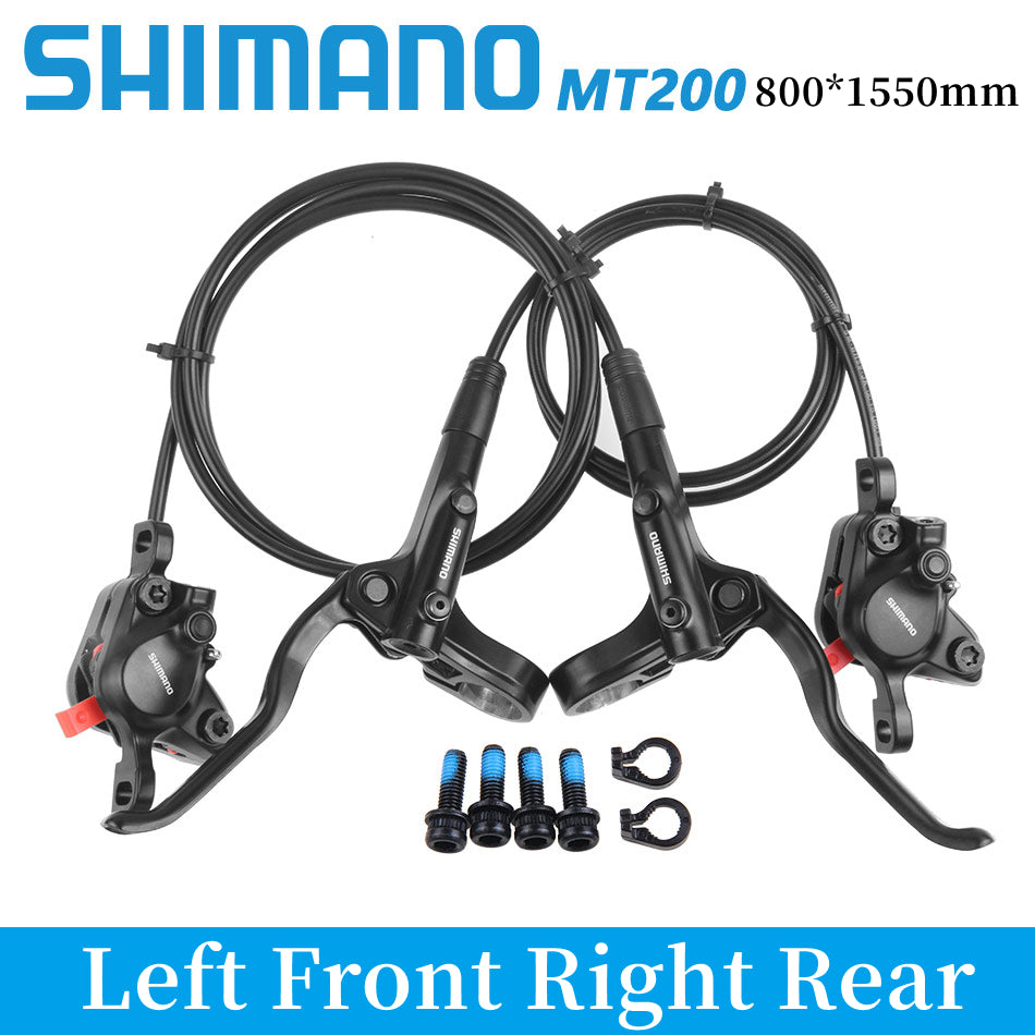 Shimano MT200 bicycle brake lever set with cables on a white background