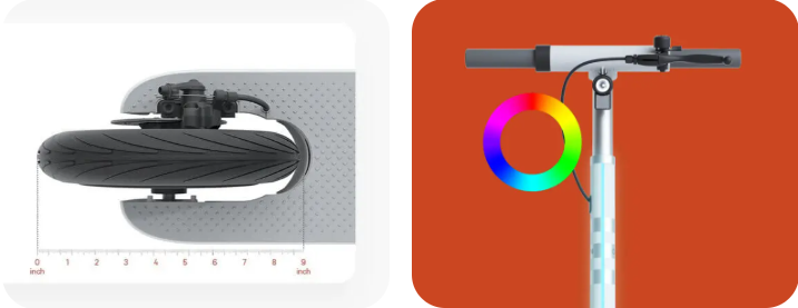 Black scooter wheel with measurement scale on a white background, scooter with colorful wheel on an orange background