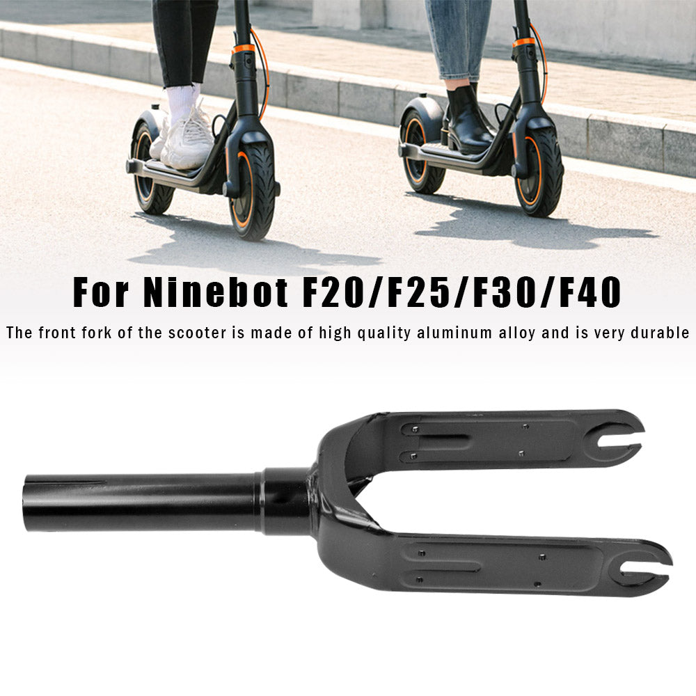 Close-up of a scooter front fork with text about Ninebot models on a white background