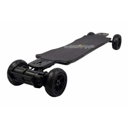 Black electric skateboard with visible branding on a white background