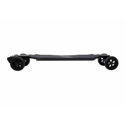 Black electric skateboard with visible brand logo on a white background