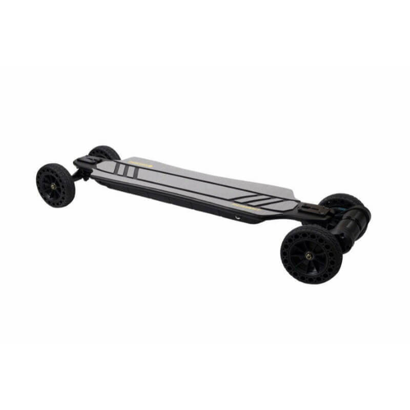 Black and silver electric skateboard on a white background