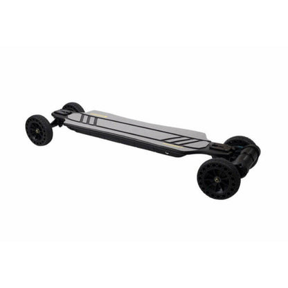Black and silver electric skateboard on a white background
