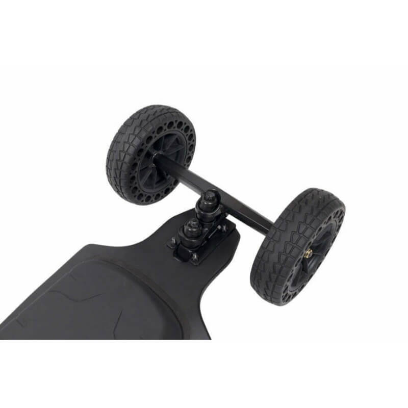 Black electric skateboard with wheels on a white background