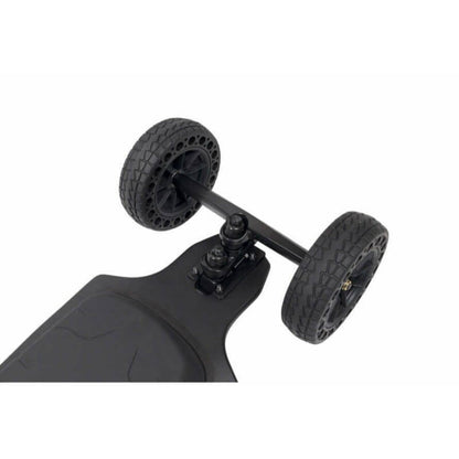 Black electric skateboard with wheels on a white background