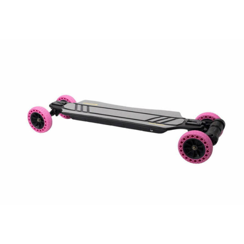 Black and pink four-wheeled skateboard on a white background