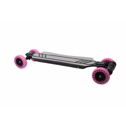 Black and pink four-wheeled skateboard on a white background