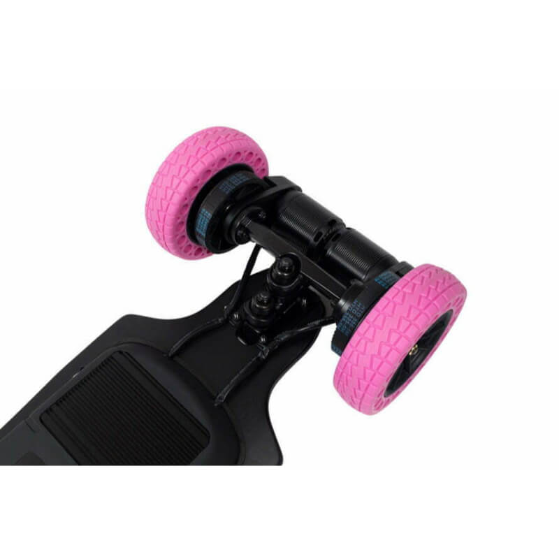Close-up of a skateboard with pink wheels on a white background