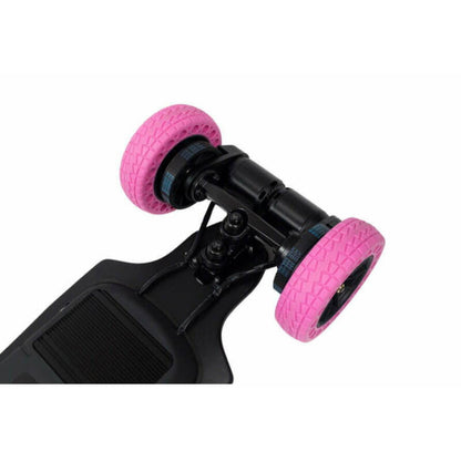 Close-up of a skateboard with pink wheels on a white background