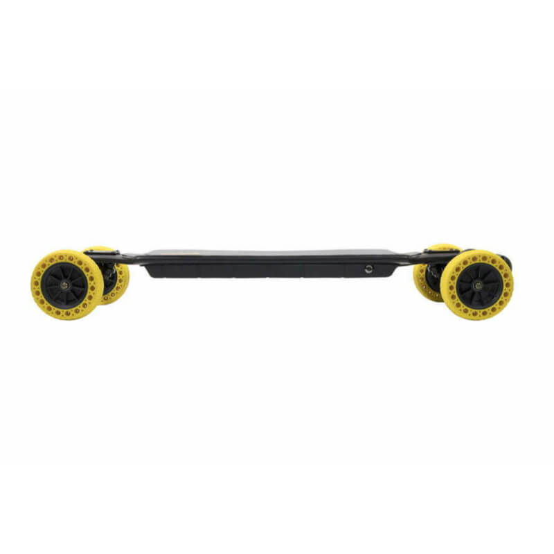 Longboard with yellow wheels on a white background