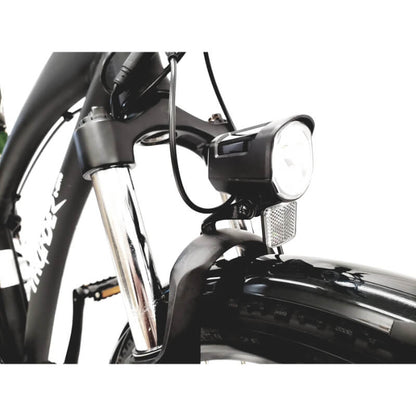 Close-up of a motorcycle headlight and front fork on a white background