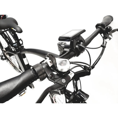Close-up of a bicycle handlebar with a light on a white background