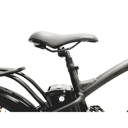 Close-up of a bicycle seat and frame on a white background