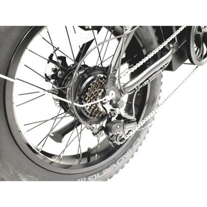 Close-up of a motorcycle wheel with chain and sprocket on a white background