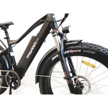 Black electric bike with visible branding on a white background