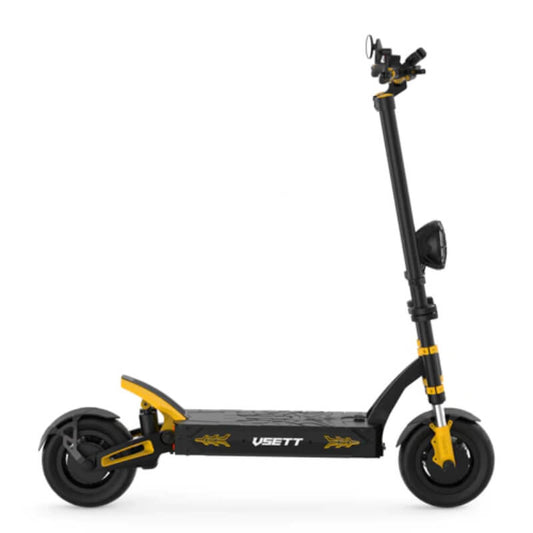 Black and yellow electric scooter on a white background