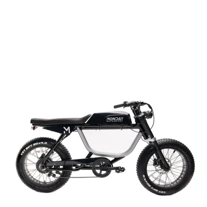 Black electric bike with 'Monday Motors' branding on a white background