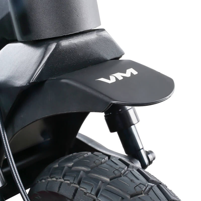 Close-up of a motorcycle fender with 'VM' branding on a white background