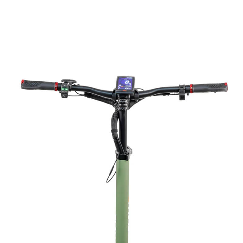 Close-up of a scooter handlebar with control panel on a white background