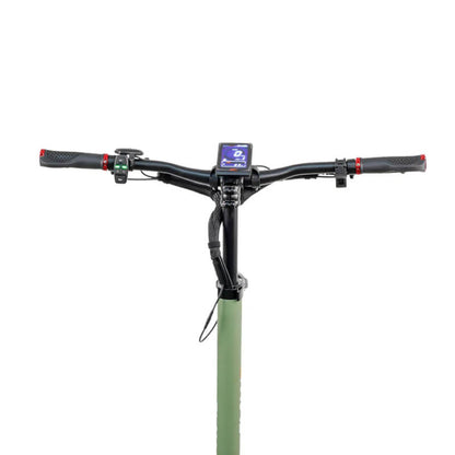 Close-up of a scooter handlebar with control panel on a white background