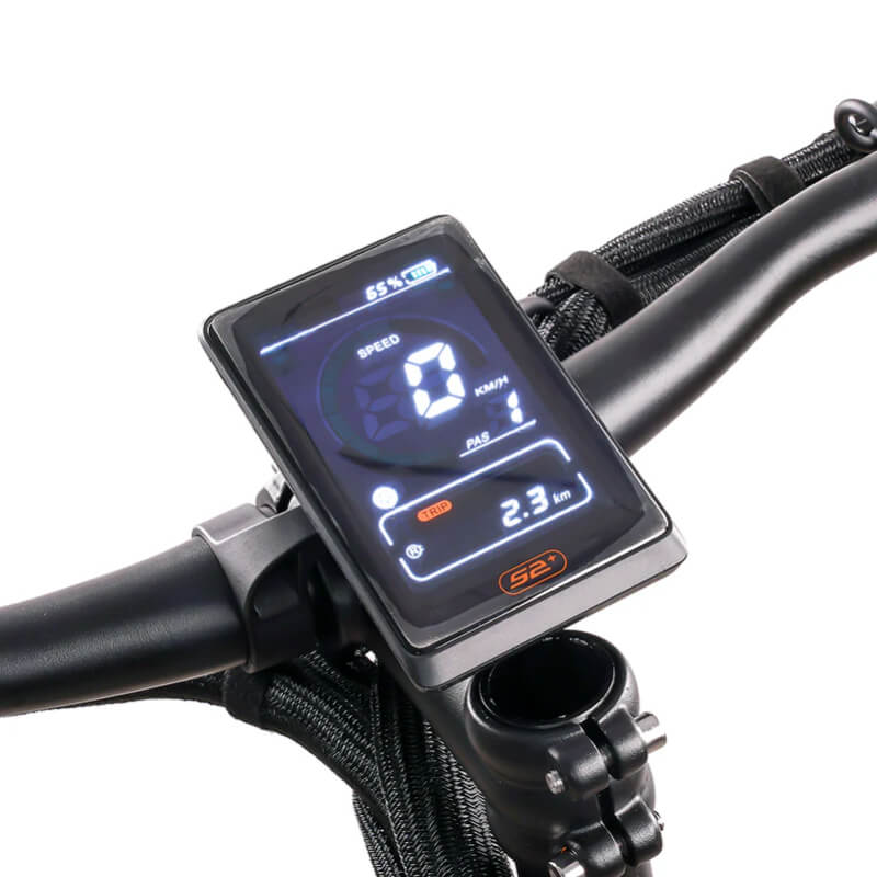 Digital display on a bicycle handlebar with a white background