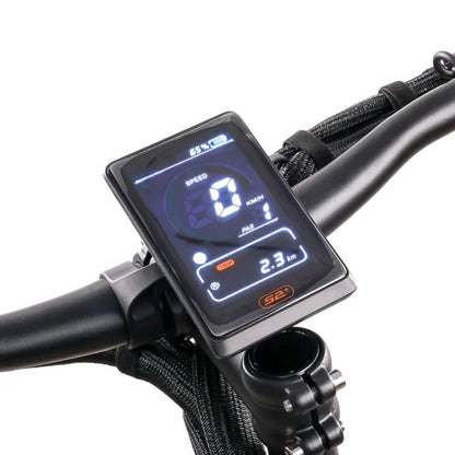 Digital display on a bicycle handlebar with a white background