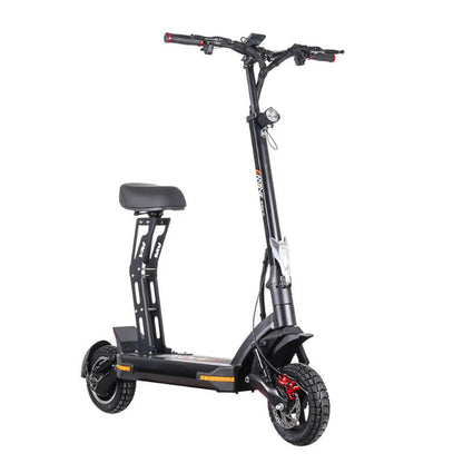 Black electric scooter with a seat on a white background