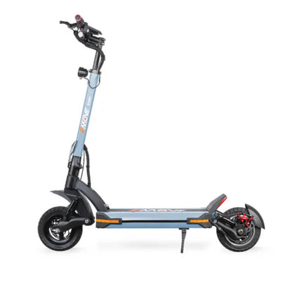 Electric scooter with a blue frame and black deck on a white background