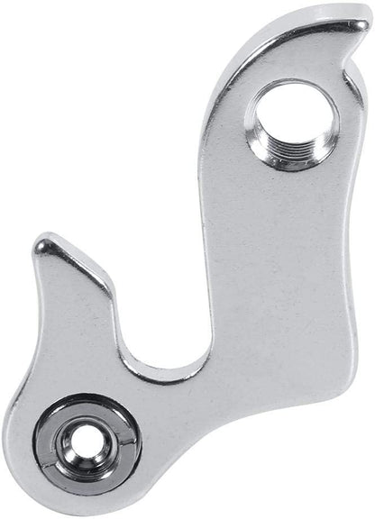 Metallic mechanical component with two circular holes on a white background