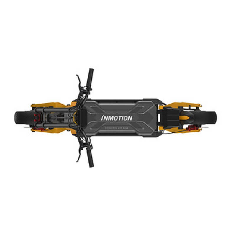 Top-down view of the Inmotion RS e-scooter, showcasing its rugged build and dual suspension system. Available at ProMechBC, the best escooter shop in Vancouver.
